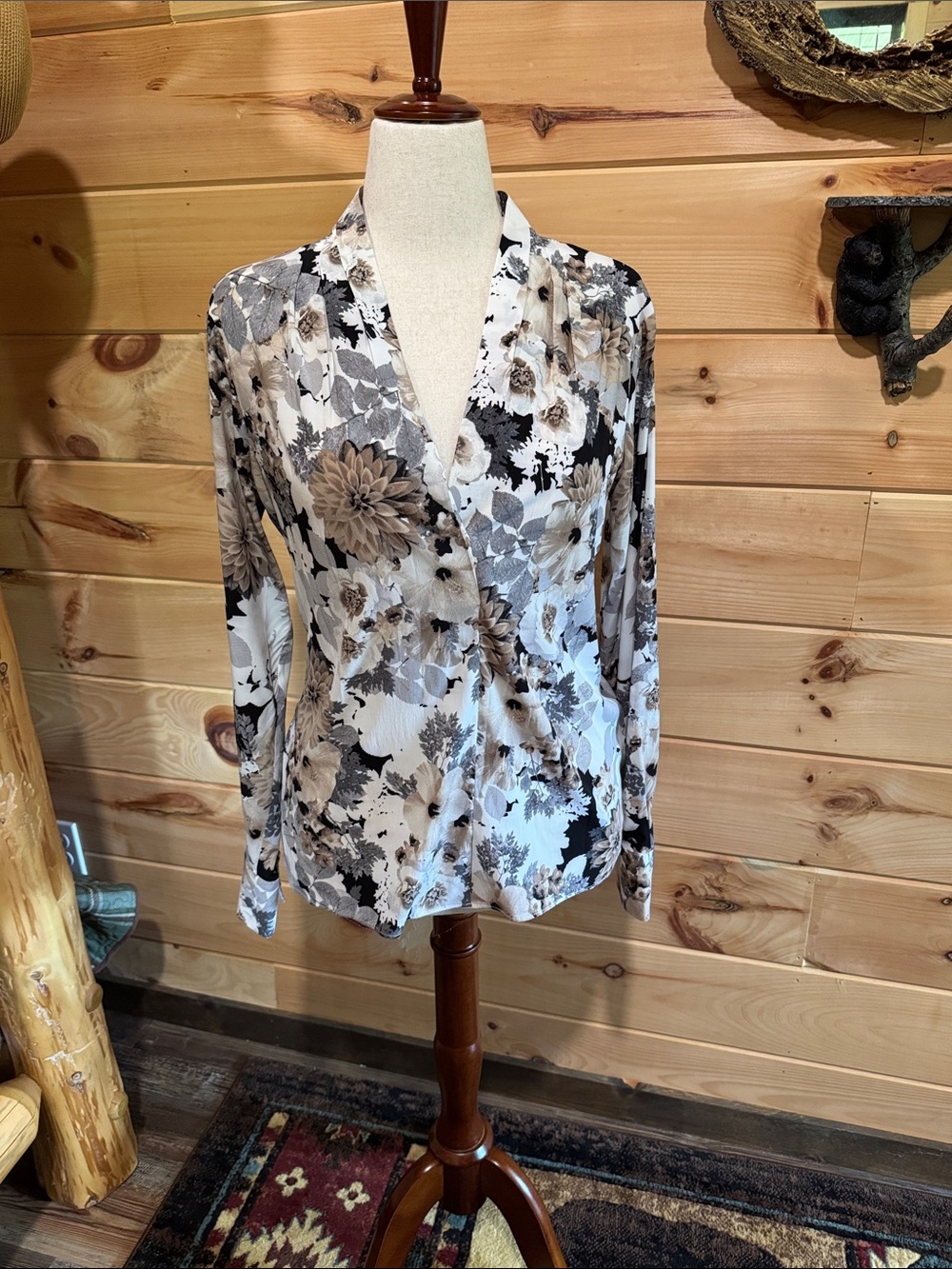 Calvin Klein Floral V-Neck Long Sleeve Blouse — Beige Black Gray